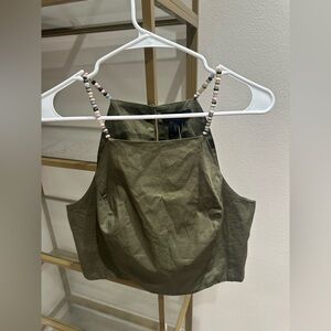 NWT House of Harlow 1960 Crop Top with Natural Stones in Olive Green Size Small